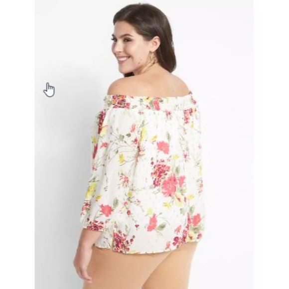 Lane Bryant | Womens 22/24 Off Shoulder White Floral Print 3/4 Sleeve Metallic - Picture 3 of 13